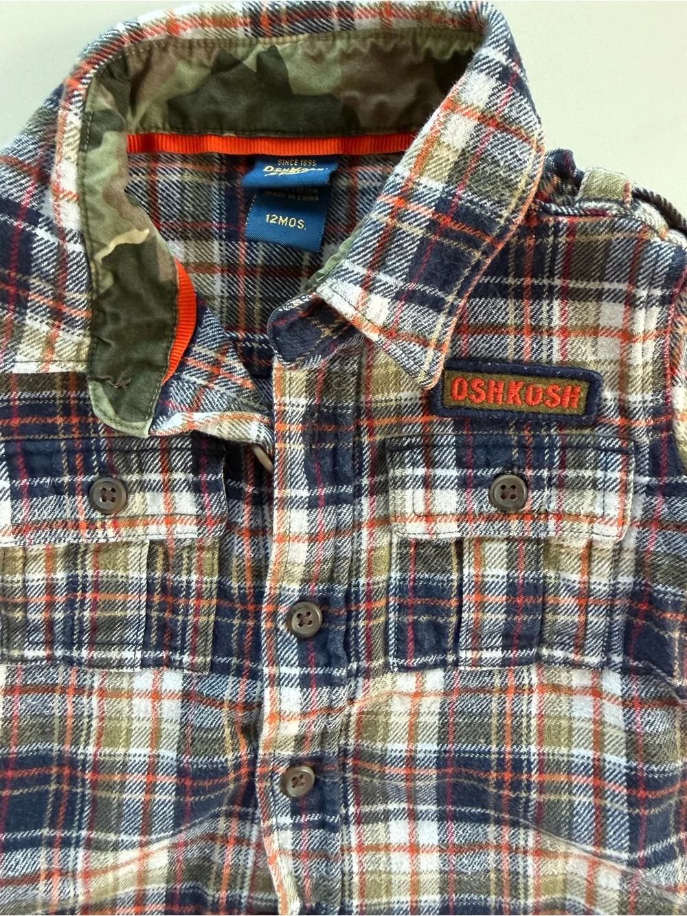 OshKosh Plaid Flannel Button-Down Shirt in Navy, Orange & White